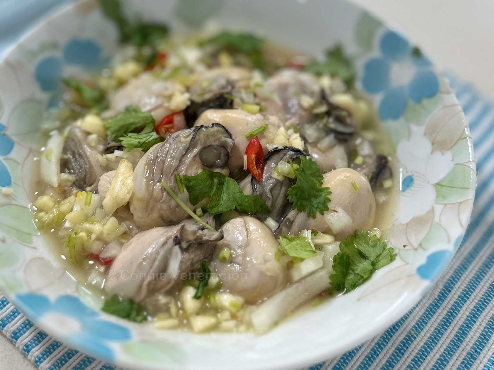 Oysters with chili garlic lemongrass sauce