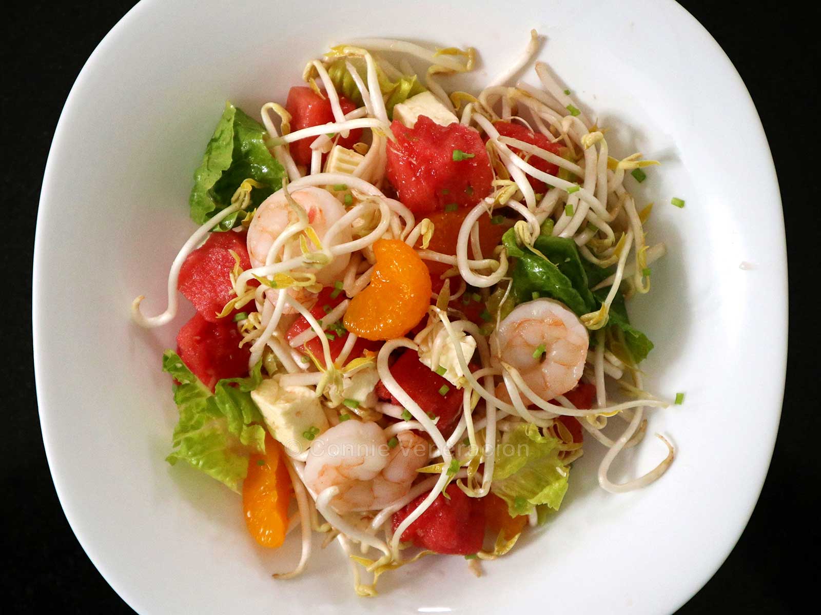 Shrimps, bean sprouts and watermelon salad
