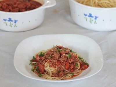 Filipino style sweet spaghetti with hotdogs