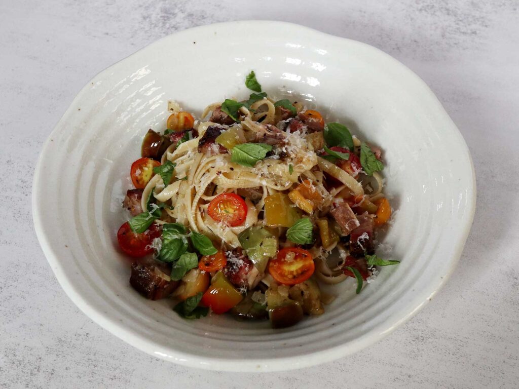 Pasta served in shallow bowl