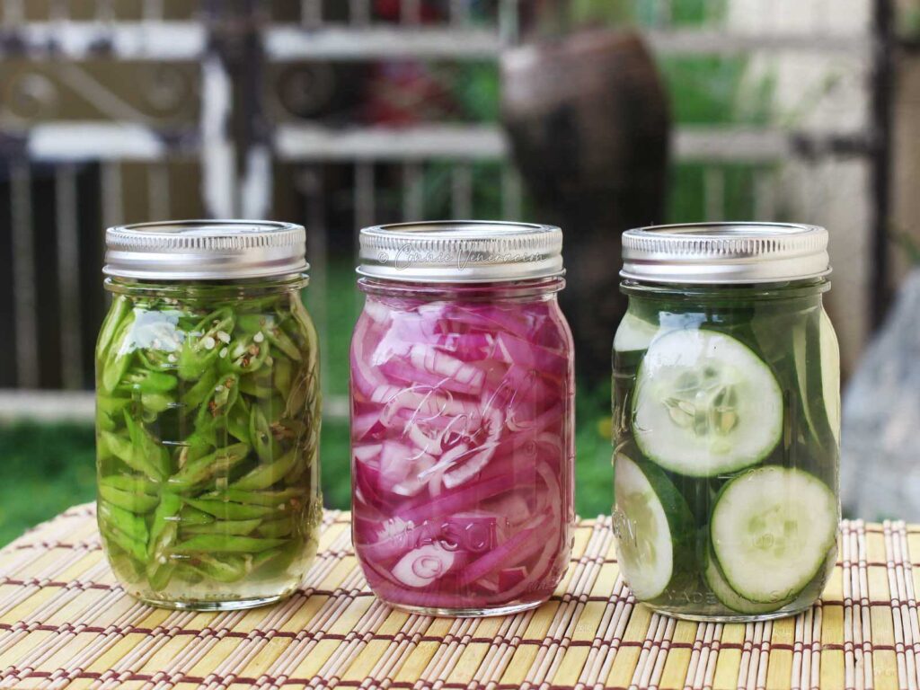 Pickled vegetables in Mason jars