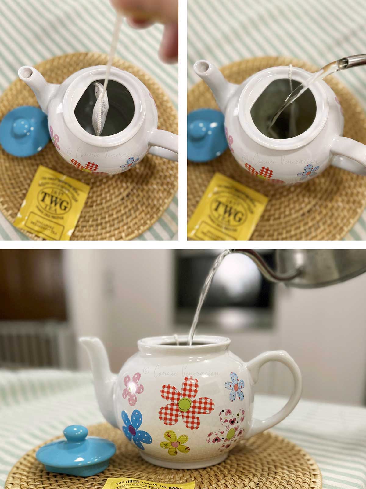 Dropping teabag into teapot without a strainer