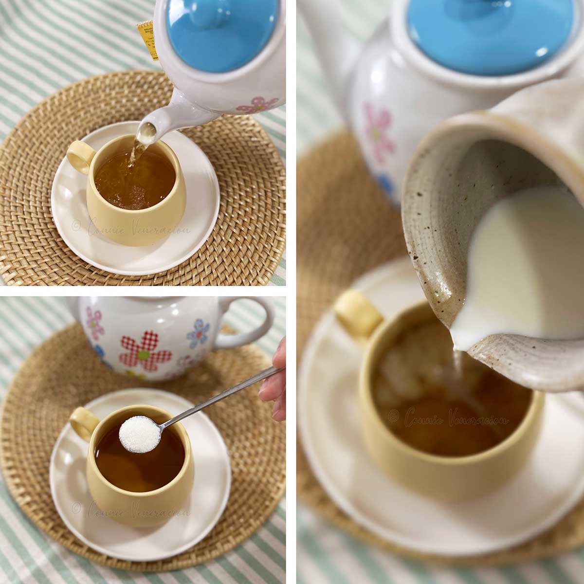 Pouring tea, adding sugar and milk