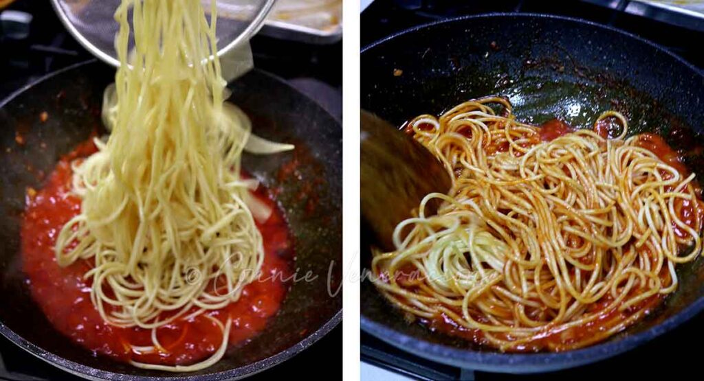 Tossing pasta in sauce before serving