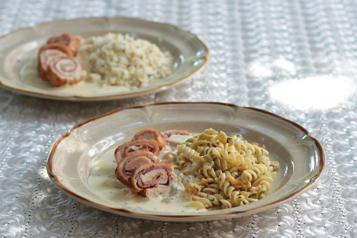 Rolled stuffed chicken and pasta