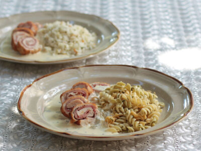Rolled stuffed chicken and pasta